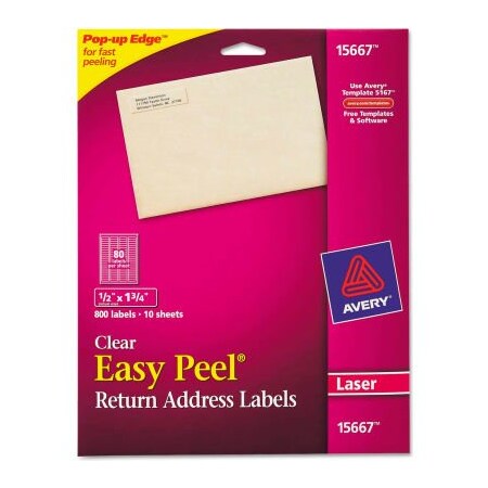 Avery Avery Easy Peel Mailing Labels For Laser Printers, 1/2 x 1-3/4, Clear, 800/Pack 15667